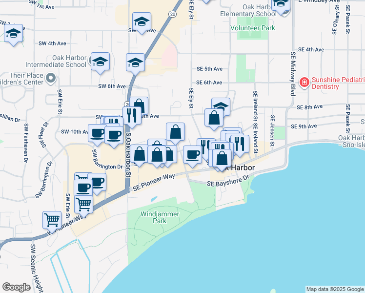 map of restaurants, bars, coffee shops, grocery stores, and more near 1080 Southeast City Beach Street in Oak Harbor