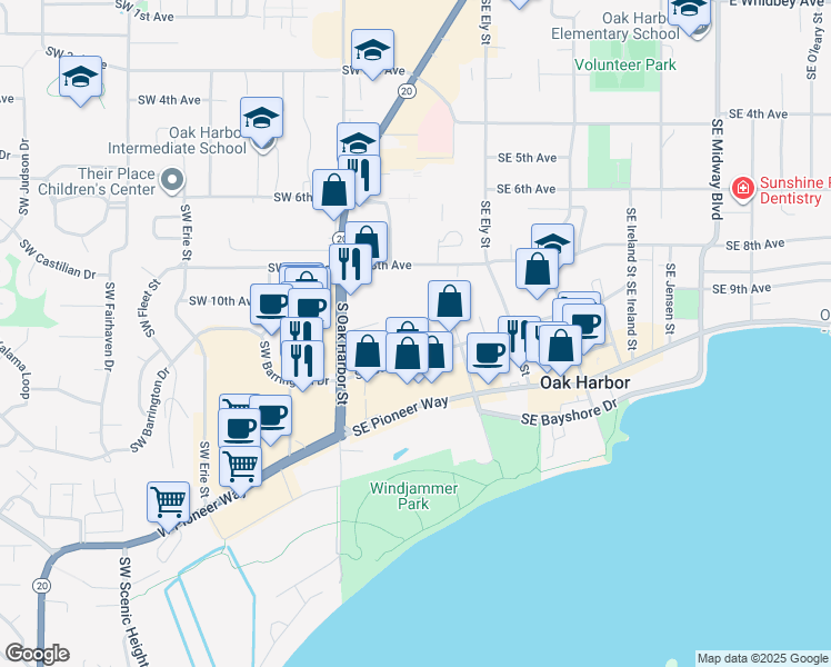 map of restaurants, bars, coffee shops, grocery stores, and more near 270 Southeast Barrington Drive in Oak Harbor