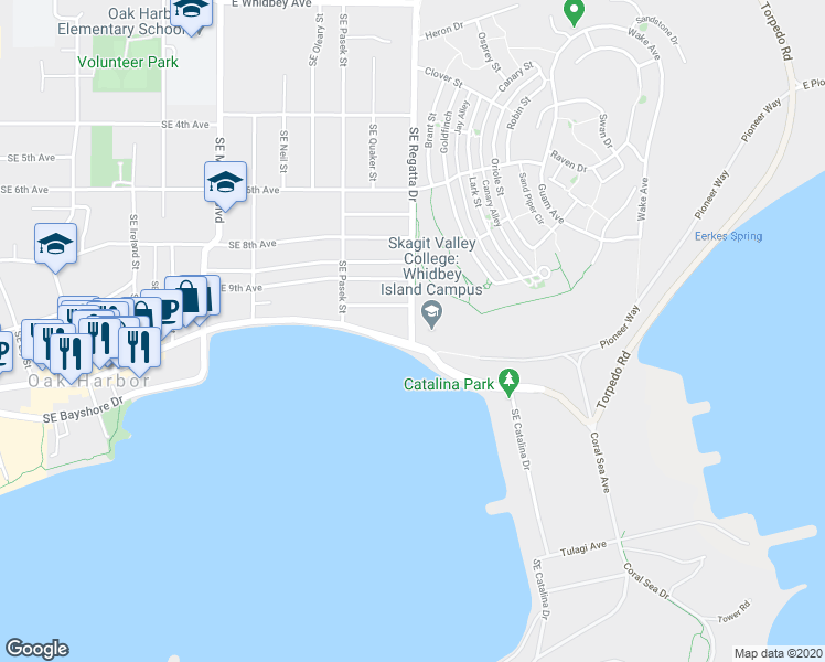 map of restaurants, bars, coffee shops, grocery stores, and more near 1900 Southeast Pioneer Way in Oak Harbor