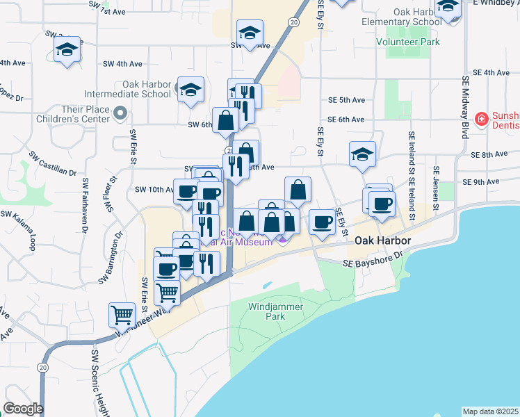 map of restaurants, bars, coffee shops, grocery stores, and more near 65 Southeast 11th Avenue in Oak Harbor