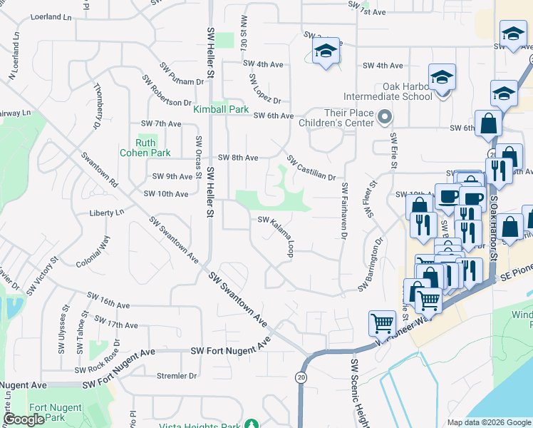 map of restaurants, bars, coffee shops, grocery stores, and more near 1154 Southwest Kalama Loop in Oak Harbor