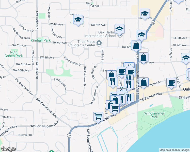 map of restaurants, bars, coffee shops, grocery stores, and more near 1091 Southwest Fleet Street in Oak Harbor