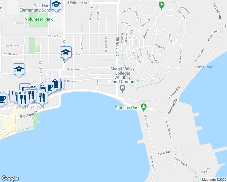 map of restaurants, bars, coffee shops, grocery stores, and more near 1710 Southeast Pioneer Way in Oak Harbor