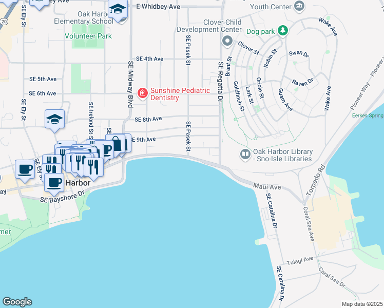map of restaurants, bars, coffee shops, grocery stores, and more near 1640 Southeast Pioneer Way in Oak Harbor
