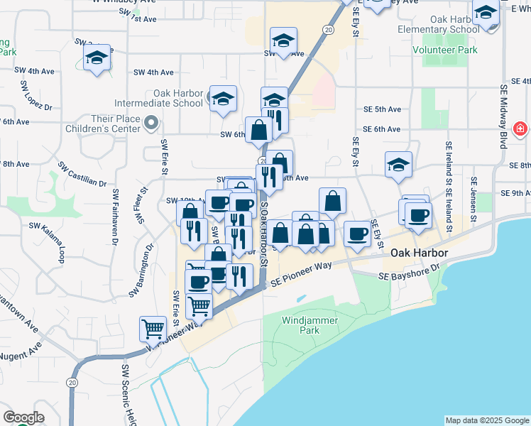 map of restaurants, bars, coffee shops, grocery stores, and more near State Route 20 in Oak Harbor