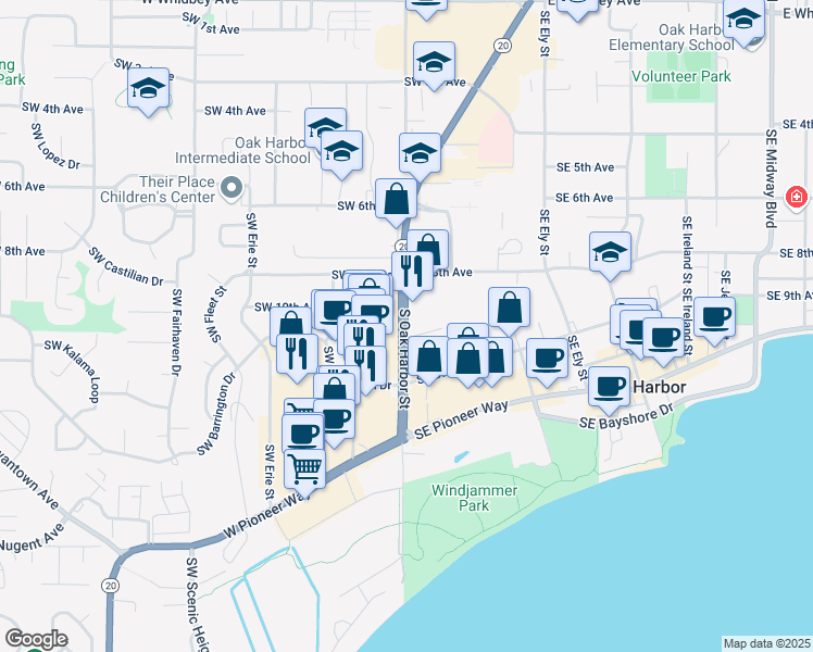 map of restaurants, bars, coffee shops, grocery stores, and more near State Route 20 in Oak Harbor