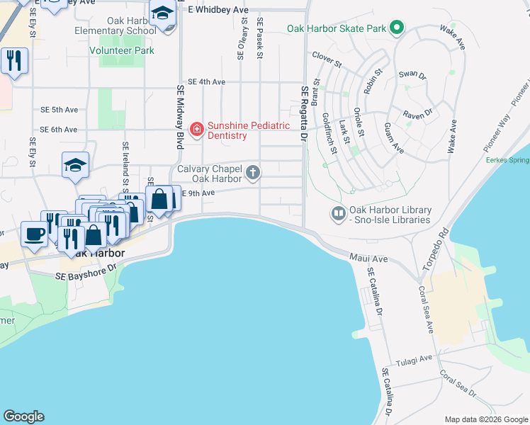 map of restaurants, bars, coffee shops, grocery stores, and more near 1610 Southeast Pioneer Way in Oak Harbor