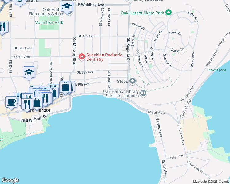 map of restaurants, bars, coffee shops, grocery stores, and more near 1771 Southeast 10th Avenue in Oak Harbor