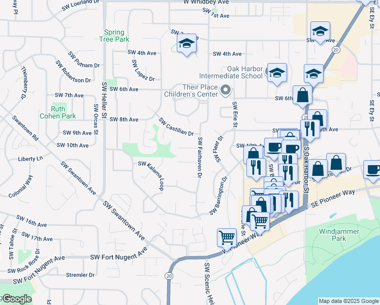 map of restaurants, bars, coffee shops, grocery stores, and more near 751 Southwest 10th Court in Oak Harbor