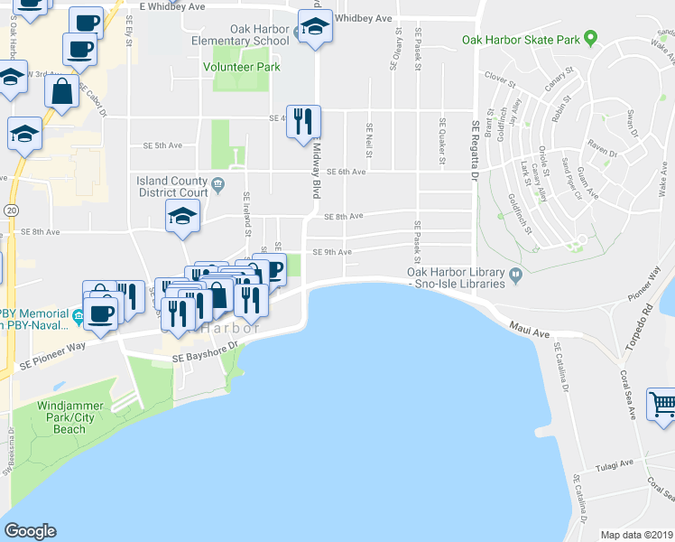 map of restaurants, bars, coffee shops, grocery stores, and more near 1210 Southeast Pioneer Way in Oak Harbor