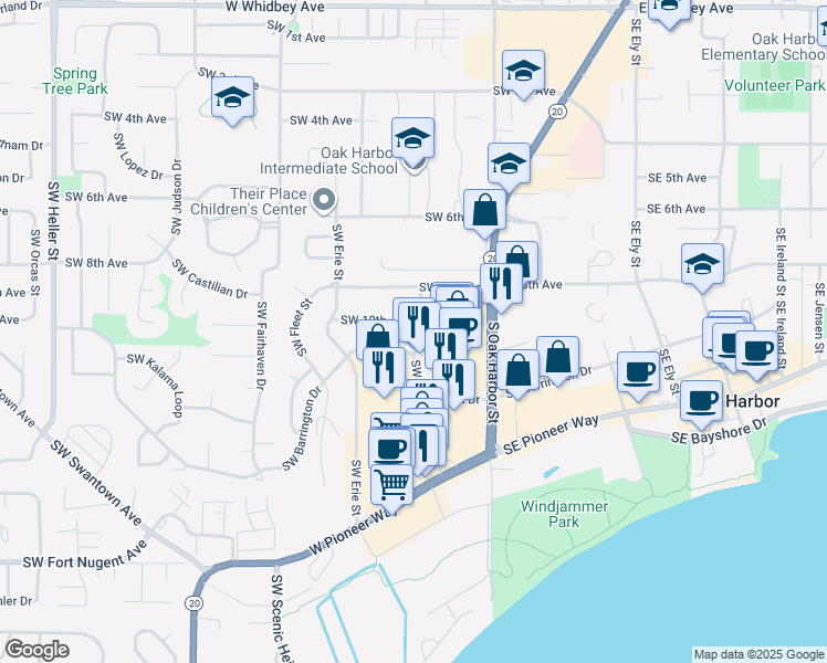 map of restaurants, bars, coffee shops, grocery stores, and more near 1100 Southwest Bowmer Street in Oak Harbor