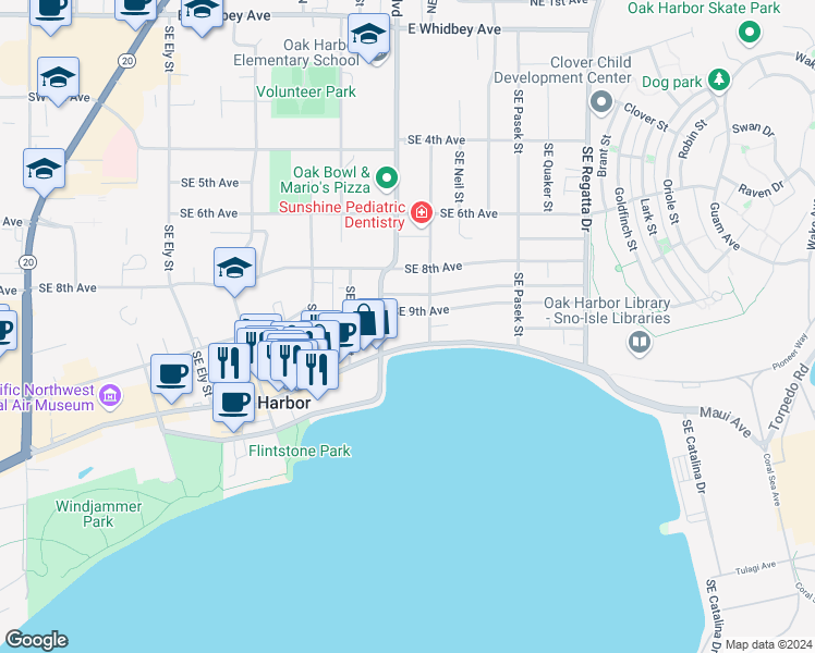 map of restaurants, bars, coffee shops, grocery stores, and more near 1190 Southeast 9th Avenue in Oak Harbor