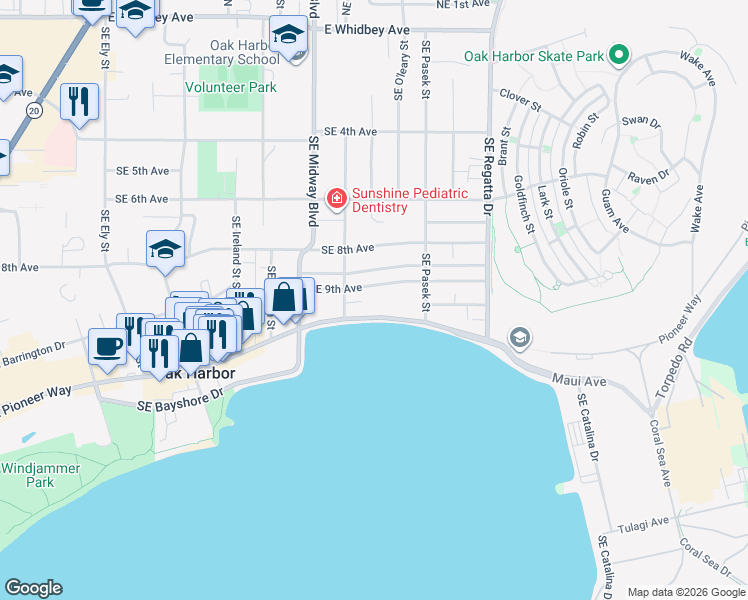 map of restaurants, bars, coffee shops, grocery stores, and more near 1470 Southeast 9th Avenue in Oak Harbor