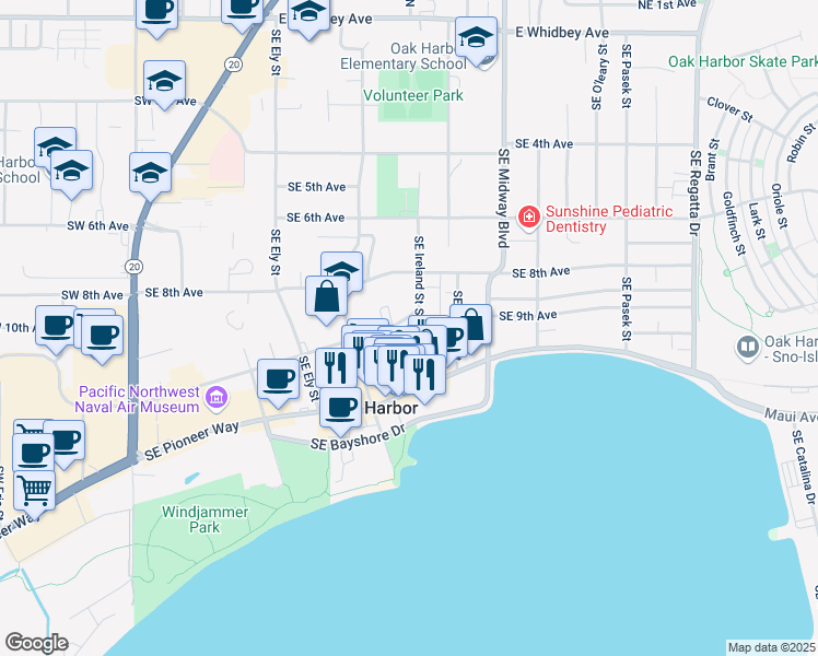 map of restaurants, bars, coffee shops, grocery stores, and more near 865 Southeast Barrington Drive in Oak Harbor
