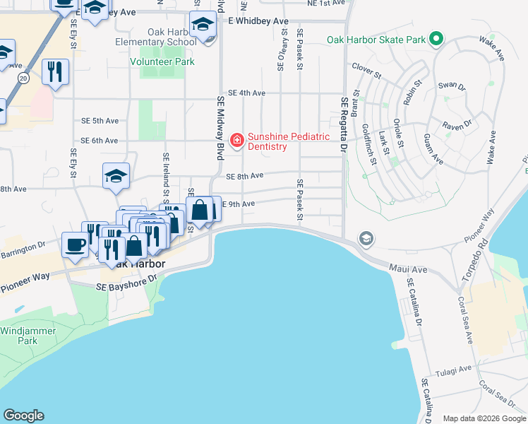 map of restaurants, bars, coffee shops, grocery stores, and more near 1470 Southeast 9th Avenue in Oak Harbor