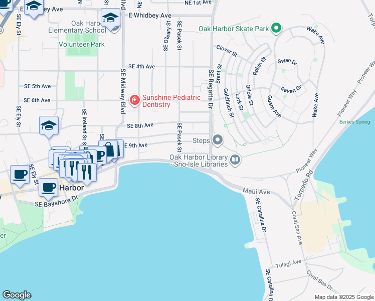 map of restaurants, bars, coffee shops, grocery stores, and more near 1650 Southeast 10th Avenue in Oak Harbor