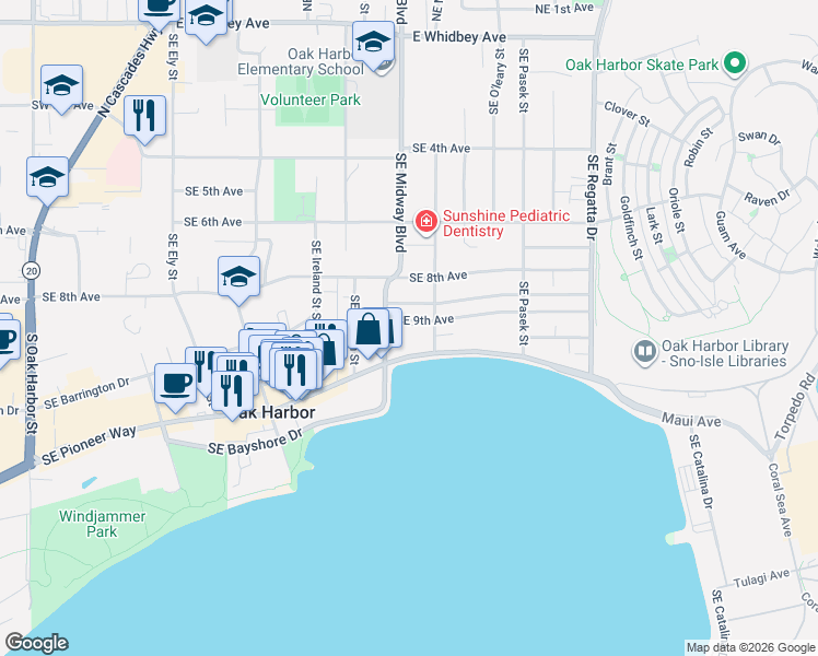 map of restaurants, bars, coffee shops, grocery stores, and more near 1190 Southeast 9th Avenue in Oak Harbor