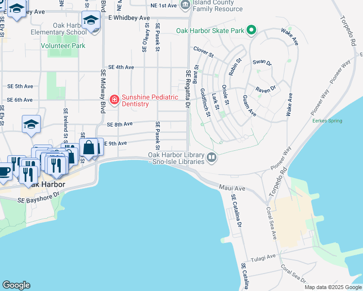 map of restaurants, bars, coffee shops, grocery stores, and more near 1765 Southeast 9th Avenue in Oak Harbor