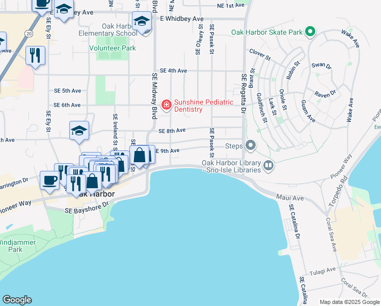map of restaurants, bars, coffee shops, grocery stores, and more near 1470 Southeast 9th Avenue in Oak Harbor