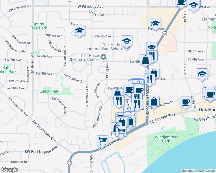 map of restaurants, bars, coffee shops, grocery stores, and more near 834 Southwest Fleet Street in Oak Harbor