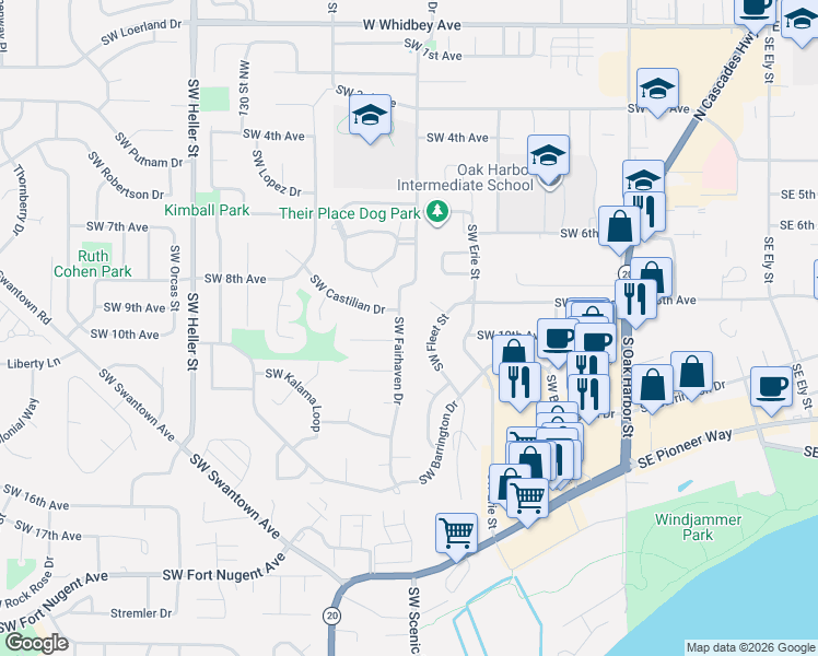 map of restaurants, bars, coffee shops, grocery stores, and more near 721 Southwest Castilian Drive in Oak Harbor