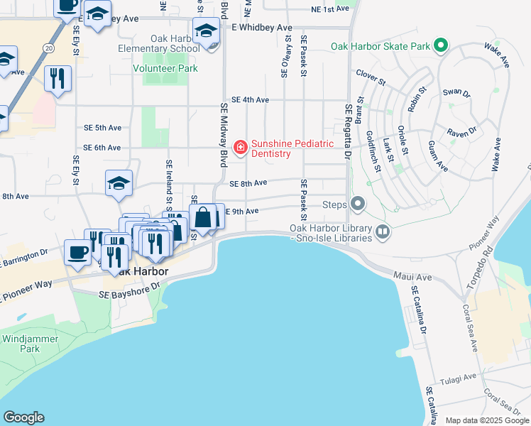 map of restaurants, bars, coffee shops, grocery stores, and more near 1415 Southeast 9th Avenue in Oak Harbor