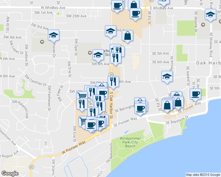 map of restaurants, bars, coffee shops, grocery stores, and more near 31595 State Route 20 in Oak Harbor