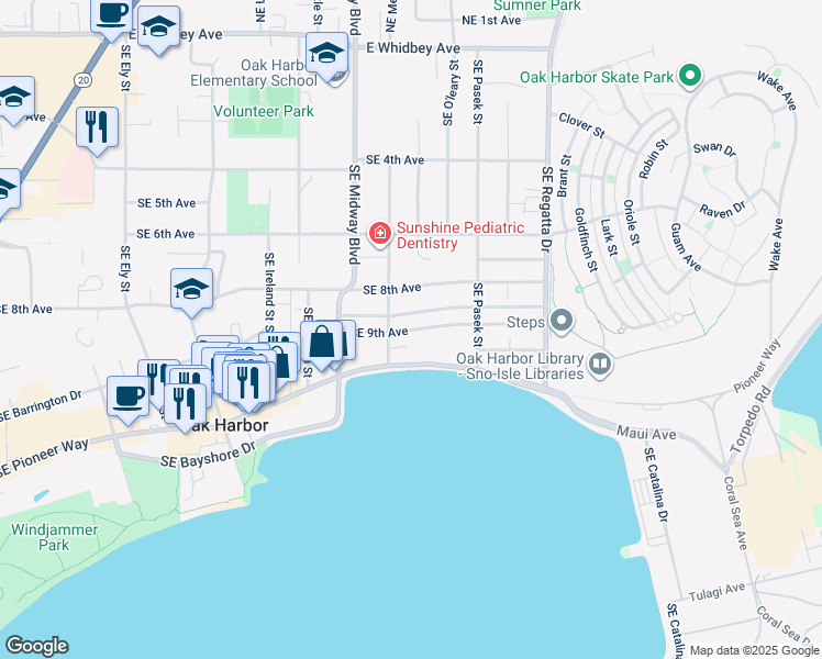 map of restaurants, bars, coffee shops, grocery stores, and more near 1350 Southeast 9th Avenue in Oak Harbor