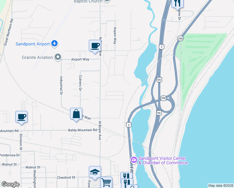 map of restaurants, bars, coffee shops, grocery stores, and more near 1700-2298 N Boyer Ave in Sandpoint