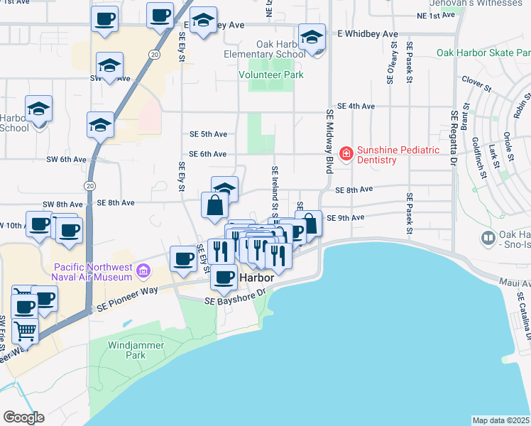 map of restaurants, bars, coffee shops, grocery stores, and more near in Oak Harbor