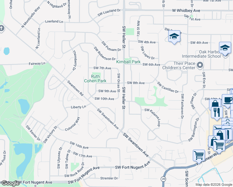 map of restaurants, bars, coffee shops, grocery stores, and more near 1471 Southwest 9th Avenue in Oak Harbor