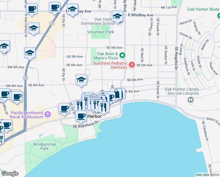 map of restaurants, bars, coffee shops, grocery stores, and more near 891 Southeast Ilwaco Alley in Oak Harbor