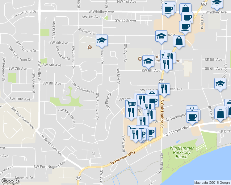 map of restaurants, bars, coffee shops, grocery stores, and more near 834 Southwest Fleet Street in Oak Harbor