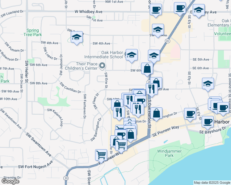 map of restaurants, bars, coffee shops, grocery stores, and more near 387 Southwest 8th Avenue in Oak Harbor