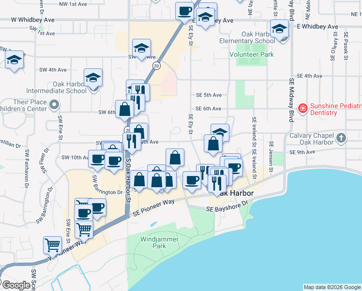 map of restaurants, bars, coffee shops, grocery stores, and more near 377 Southwest 8th Avenue in Oak Harbor