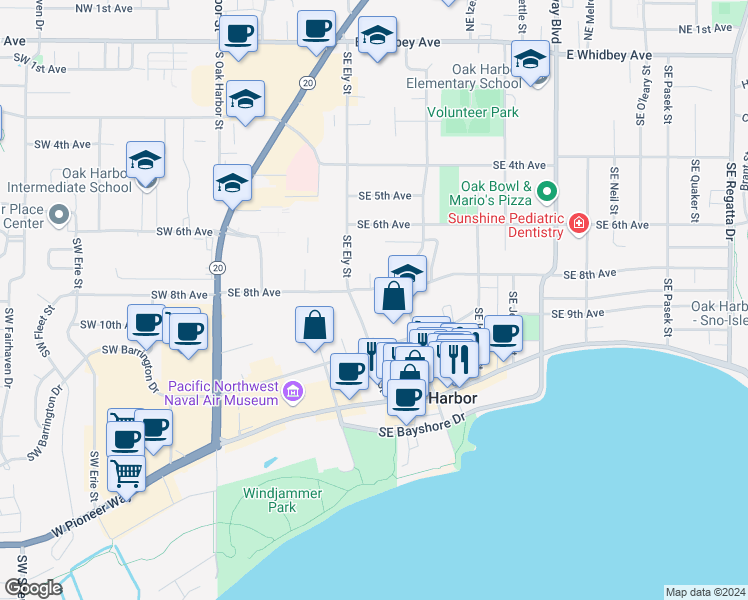 map of restaurants, bars, coffee shops, grocery stores, and more near 601 Southeast 8th Avenue in Oak Harbor
