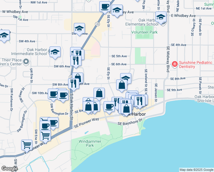 map of restaurants, bars, coffee shops, grocery stores, and more near 875 Southeast Ely Street in Oak Harbor