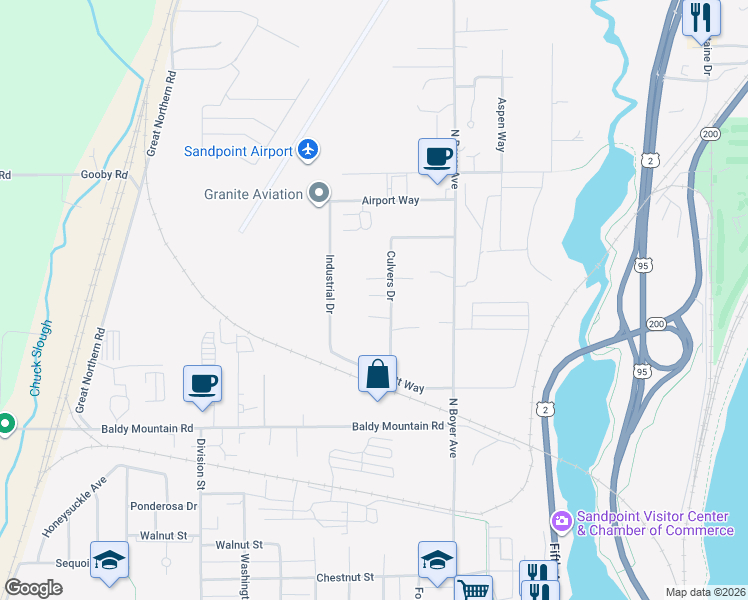 map of restaurants, bars, coffee shops, grocery stores, and more near 1725 Culvers Drive in Sandpoint