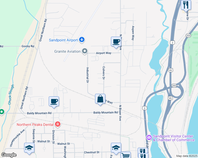map of restaurants, bars, coffee shops, grocery stores, and more near 1725 Culvers Drive in Sandpoint