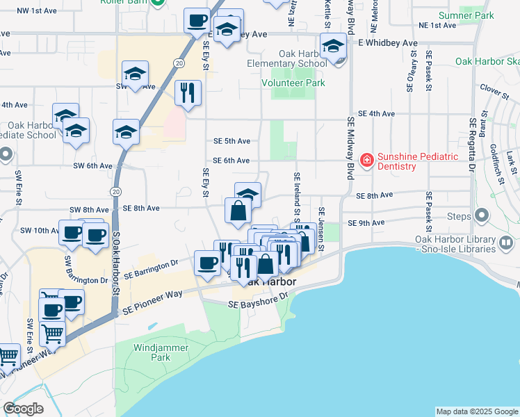 map of restaurants, bars, coffee shops, grocery stores, and more near 900 Southeast Dock Street in Oak Harbor