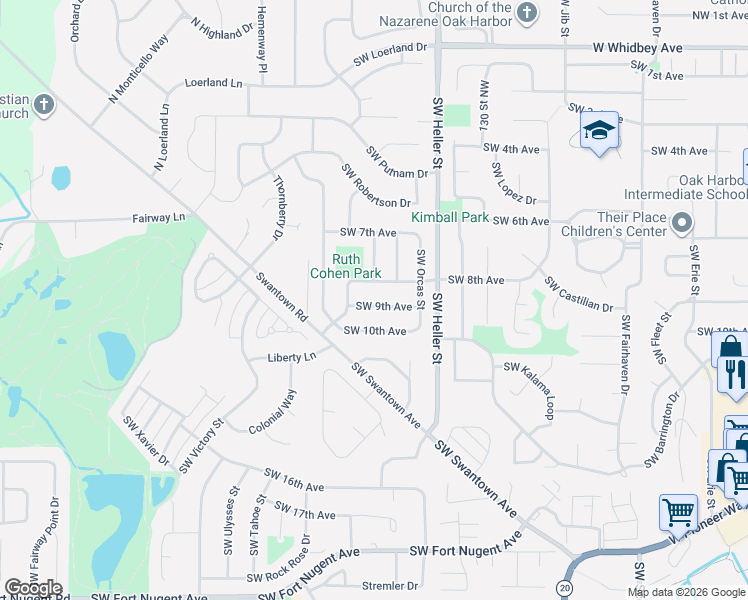 map of restaurants, bars, coffee shops, grocery stores, and more near 1601 Southwest 9th Avenue in Oak Harbor