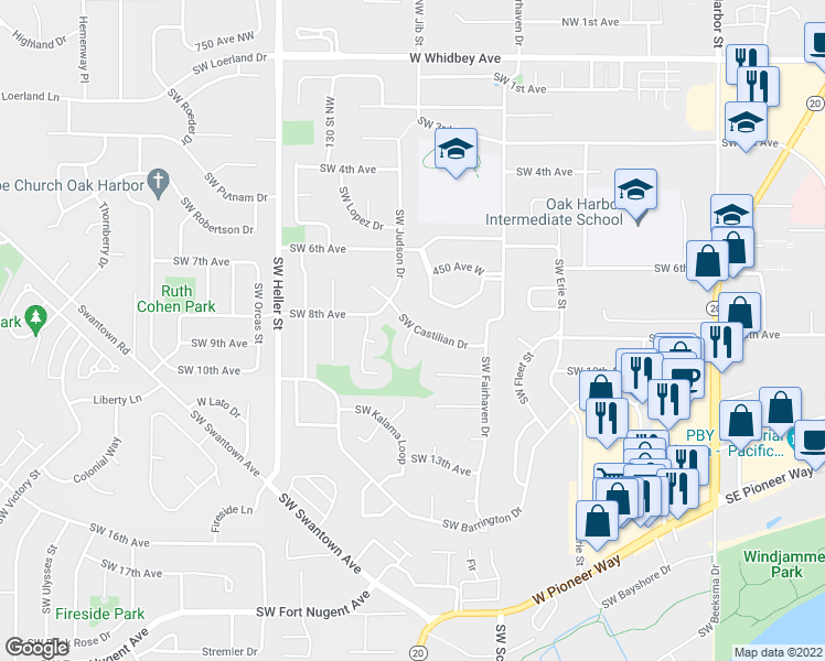 map of restaurants, bars, coffee shops, grocery stores, and more near 900 Southwest Inglewood Lane in Oak Harbor