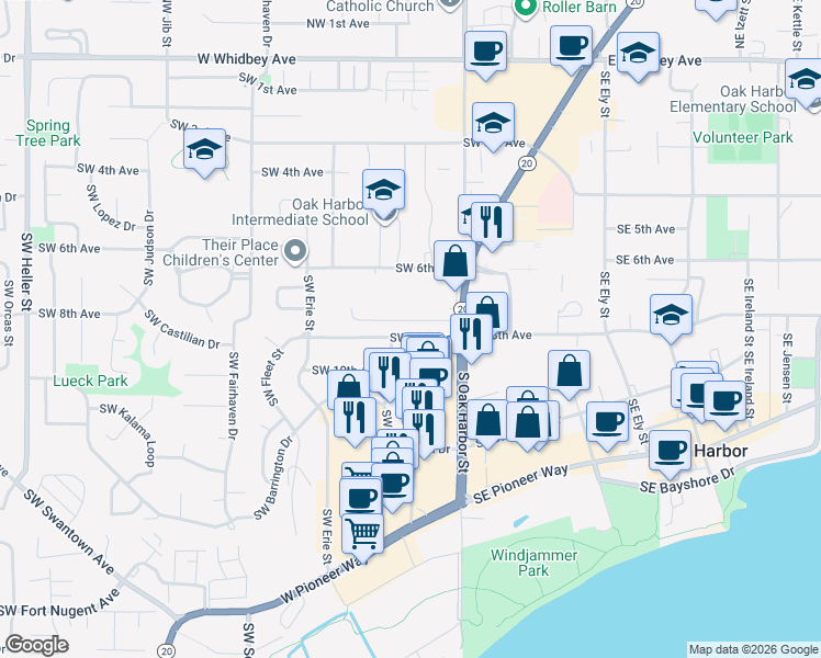 map of restaurants, bars, coffee shops, grocery stores, and more near 144 Southwest 8th Avenue in Oak Harbor
