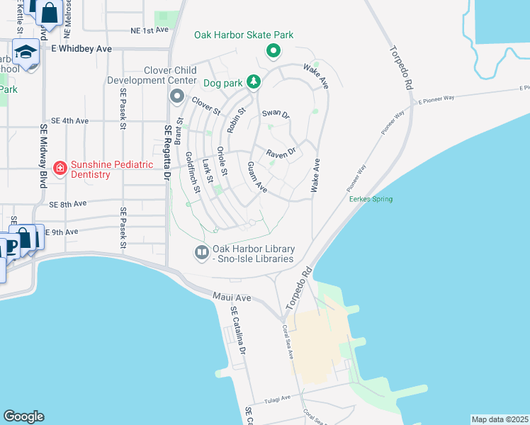 map of restaurants, bars, coffee shops, grocery stores, and more near in Oak Harbor