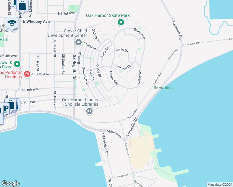 map of restaurants, bars, coffee shops, grocery stores, and more near 2161 Grouse Lane in Oak Harbor