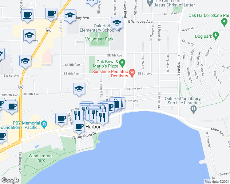 map of restaurants, bars, coffee shops, grocery stores, and more near 824 Southeast Jensen Street in Oak Harbor