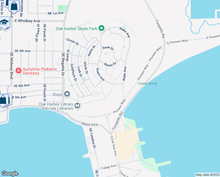 map of restaurants, bars, coffee shops, grocery stores, and more near 2161 Grouse Lane in Oak Harbor