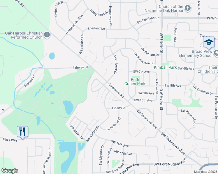 map of restaurants, bars, coffee shops, grocery stores, and more near 2040 Southwest Sunnyside Avenue in Oak Harbor