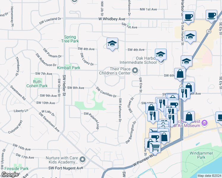 map of restaurants, bars, coffee shops, grocery stores, and more near 1050 Southwest Harrier Circle in Oak Harbor
