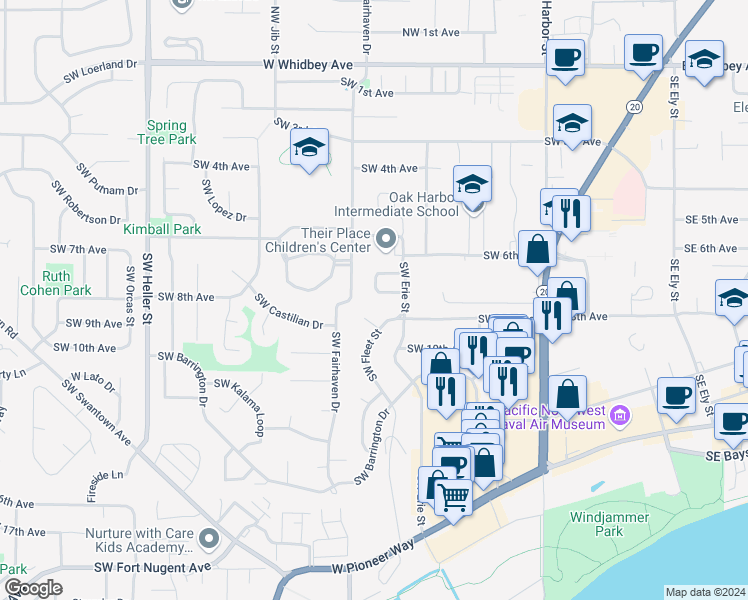 map of restaurants, bars, coffee shops, grocery stores, and more near 790 Southwest Echo Loop in Oak Harbor